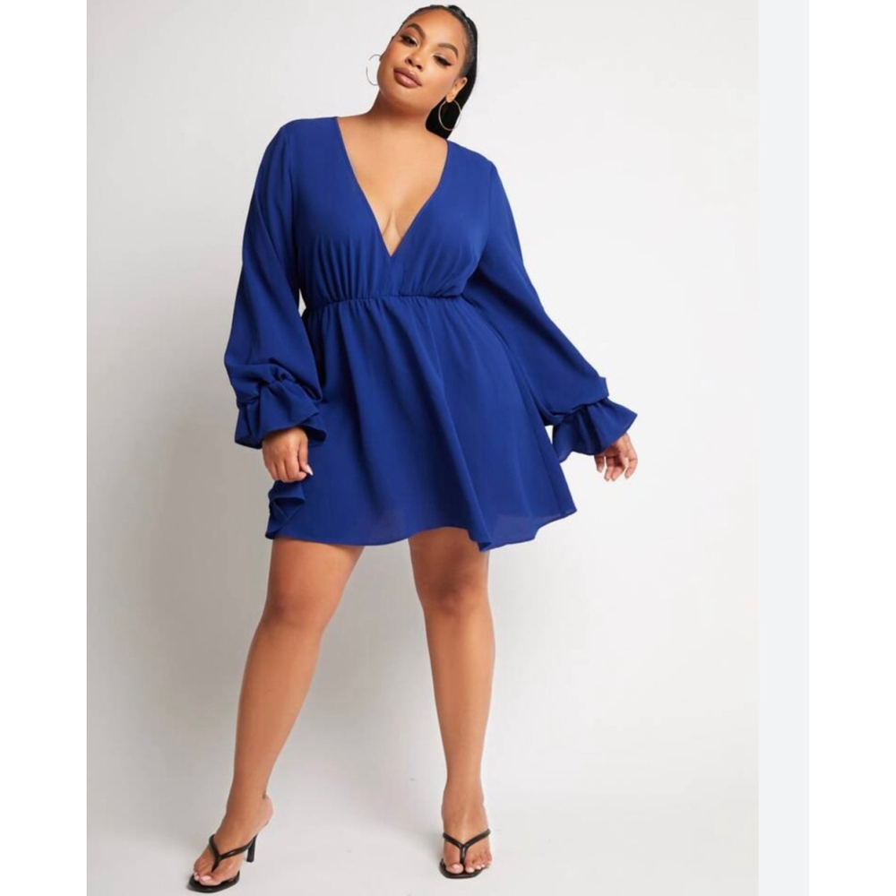 Shein Sexy Blue Plunging Neck Lantern Sleeve Dress 4X NWT